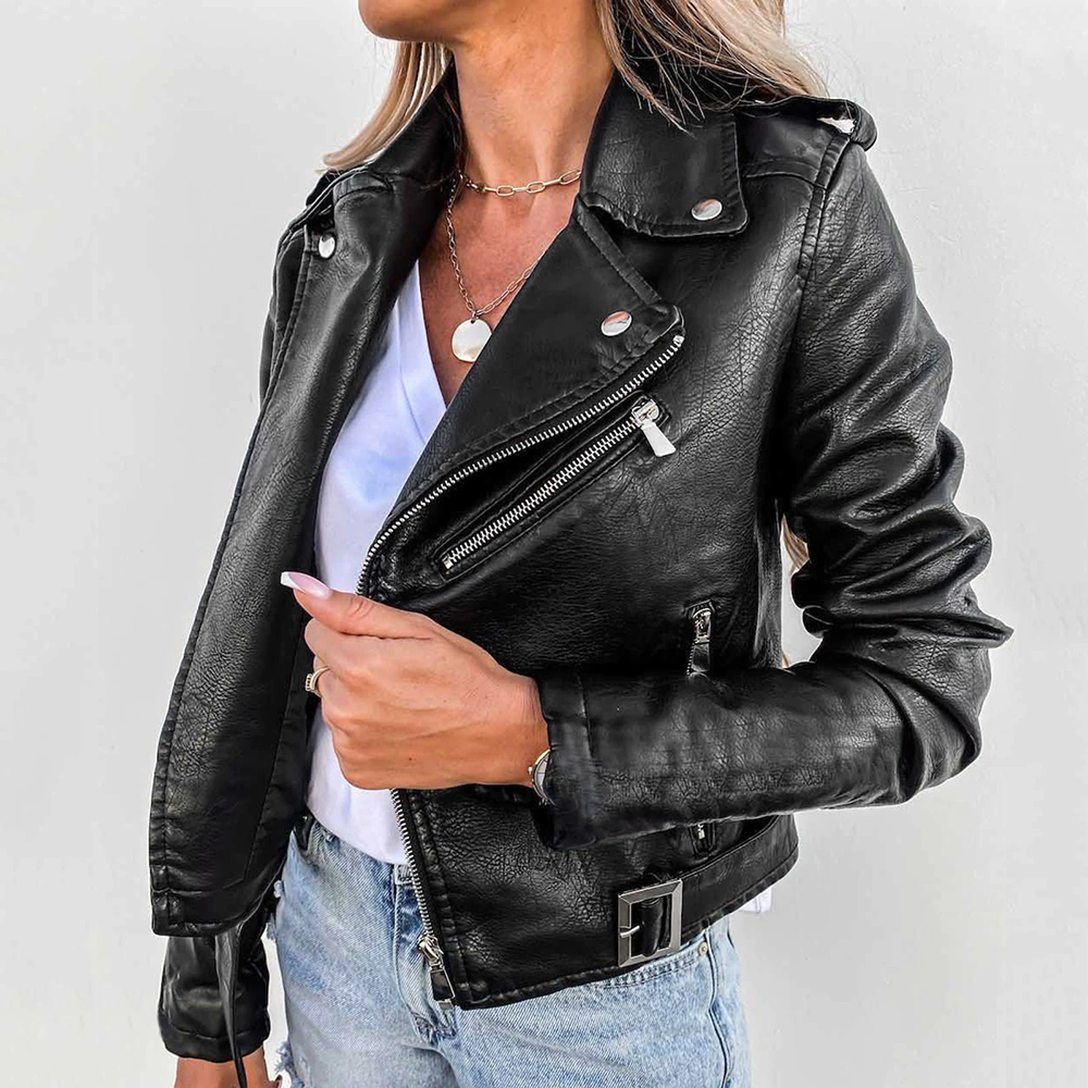 Damen - Jacke - Kunstleder - Gürtel und Reißverschluss - Modische Jacke für jeden Anlass