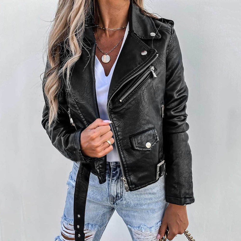 Damen - Jacke - Kunstleder - Gürtel und Reißverschluss - Modische Jacke für jeden Anlass