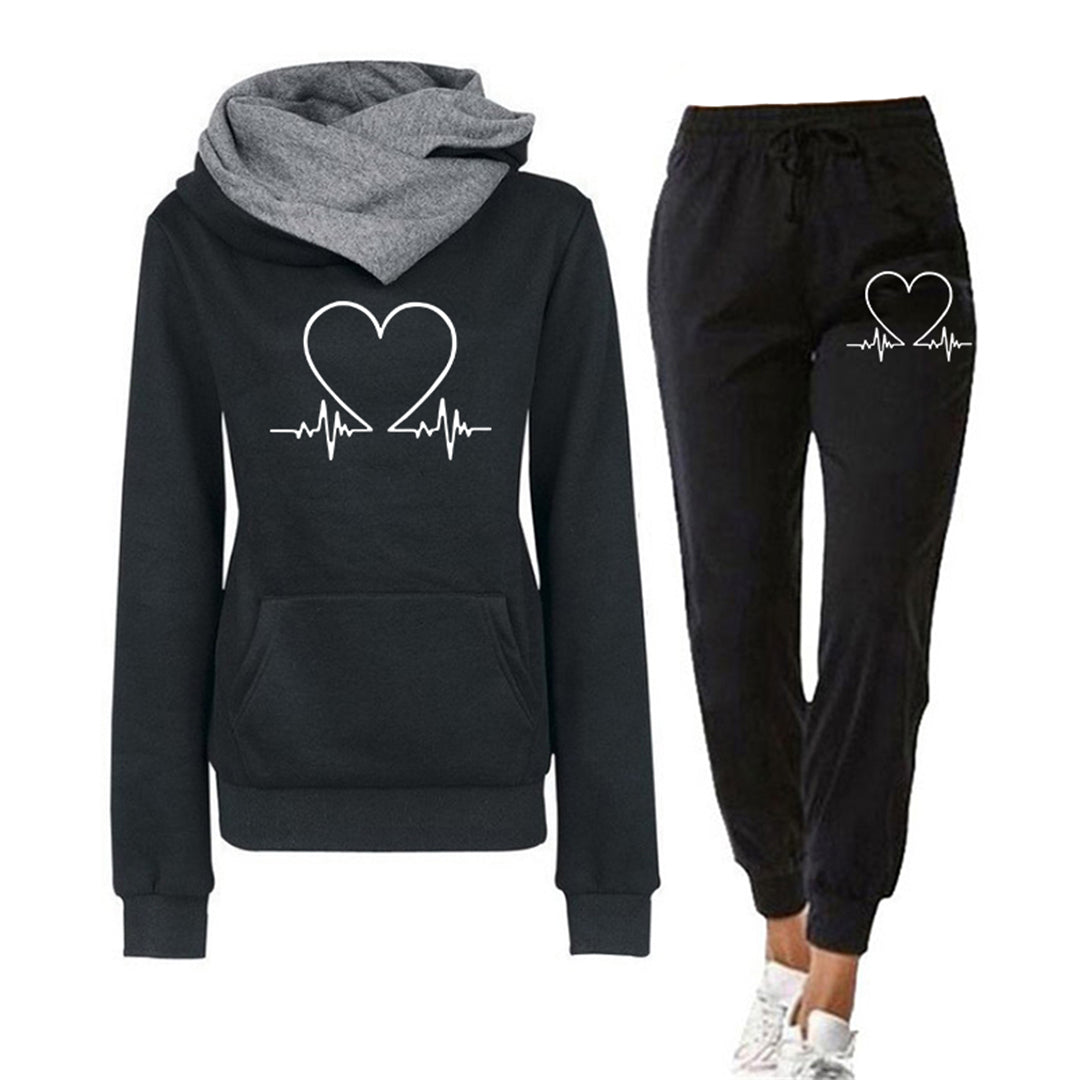Damen - Loungewear Set - Bequemer Hoodie - Herzschlag-Muster & Jogginghose - Ideal für entspannte Tage
