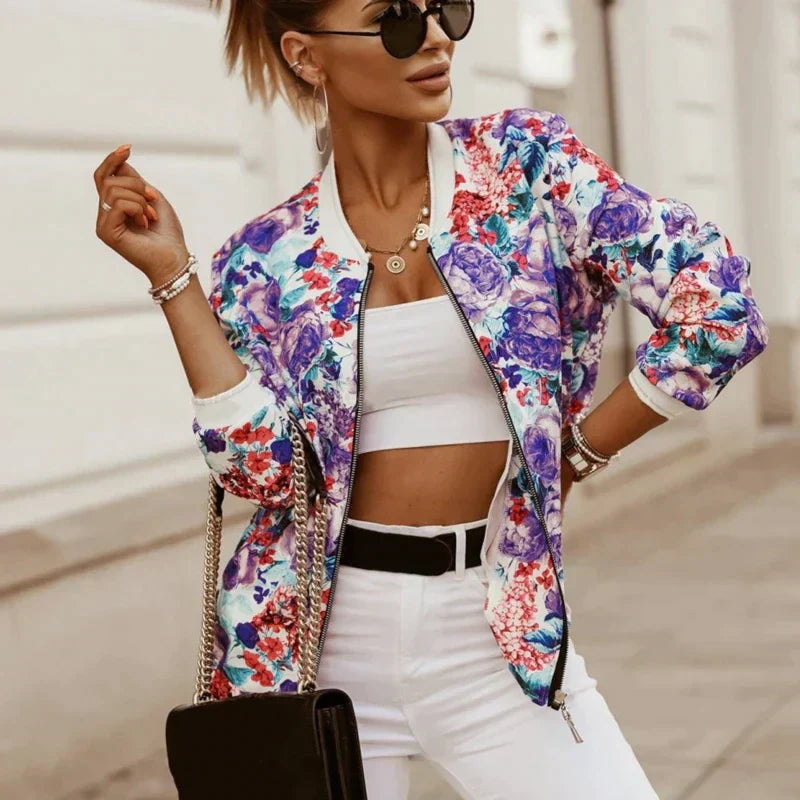 Damen - Bomberjacke mit Blumenmuster - Strapazierfähigem Stoff - Leichtes, stylisches Design - Trendige Oberbekleidung