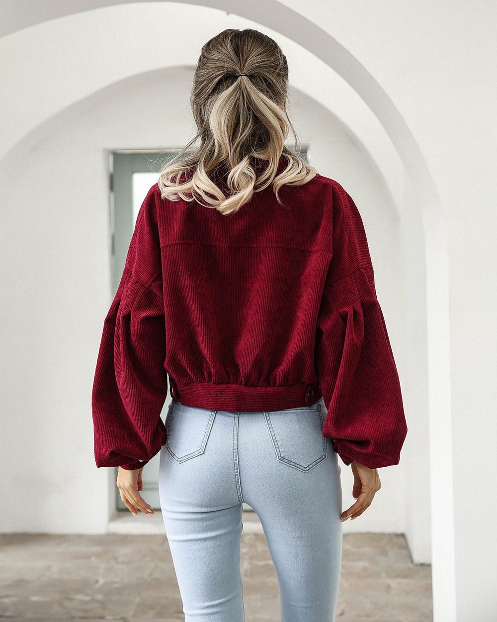 Damen - Gekürzte Cord-Denim-Jacke - Weichem Cord - Mit Übergrößen Ballonärmel - Trendy und Bequem