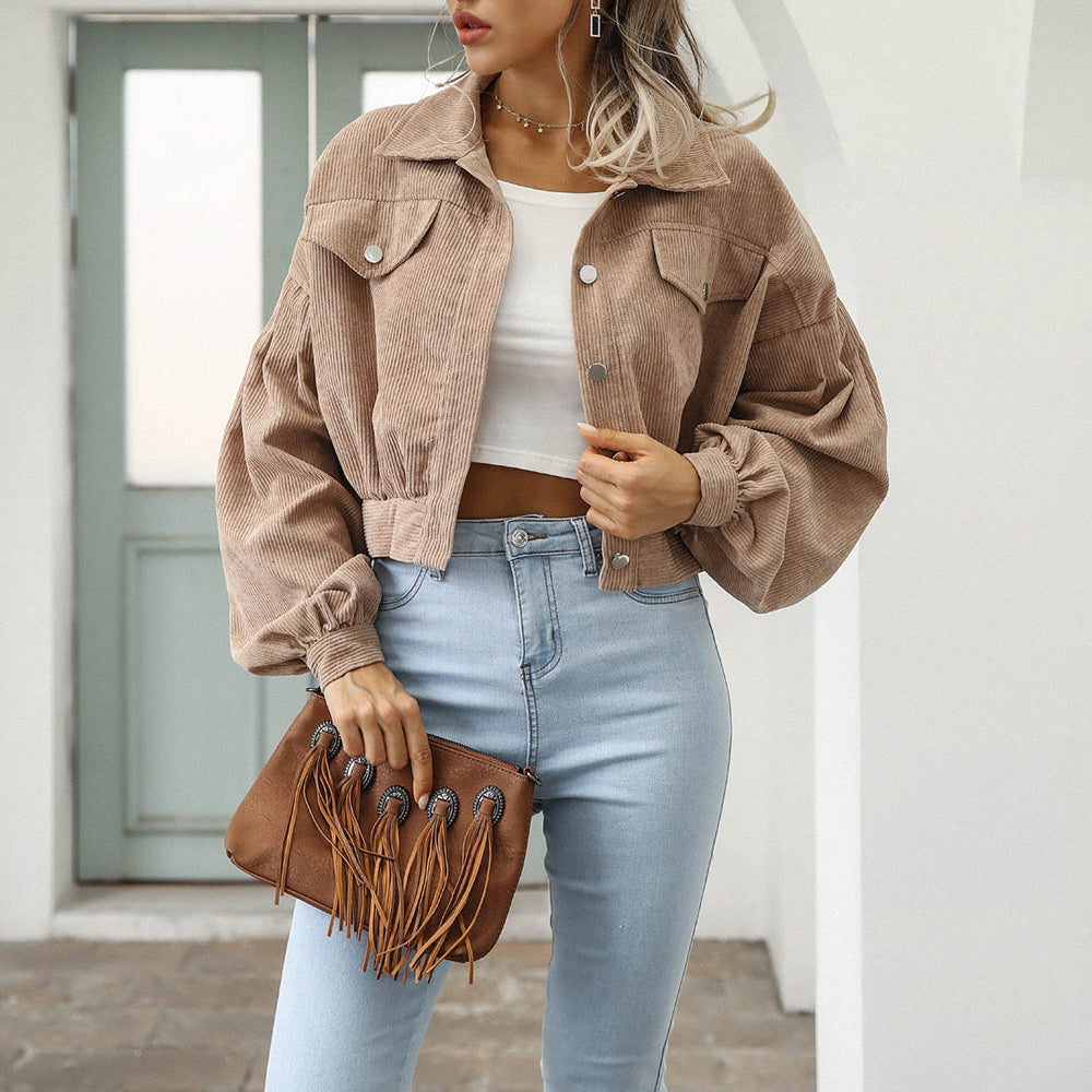 Damen - Gekürzte Cord-Denim-Jacke - Weichem Cord - Mit Übergrößen Ballonärmel - Trendy und Bequem
