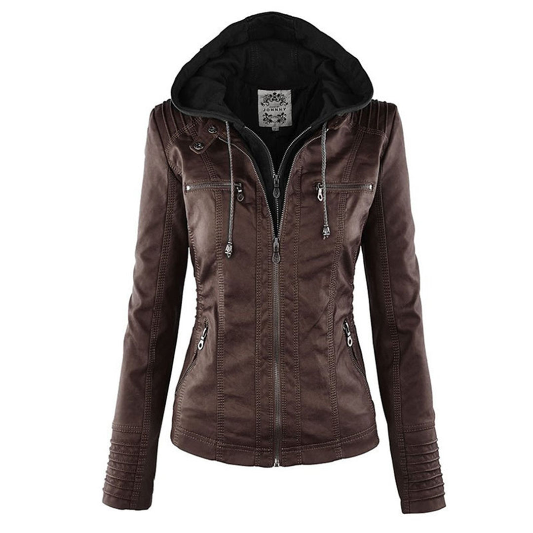 Damen - Leichte Lederjacke - PU-Leder - Abnehmbare Kapuze - Stilvolles Design für jeden Anlass