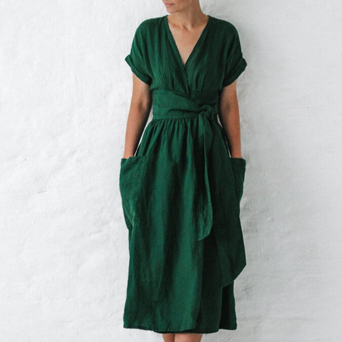 Damen - Wickelkleid mit Taillengürtel - Leinen - Stylisches Sommer-Essential für jeden Anlass