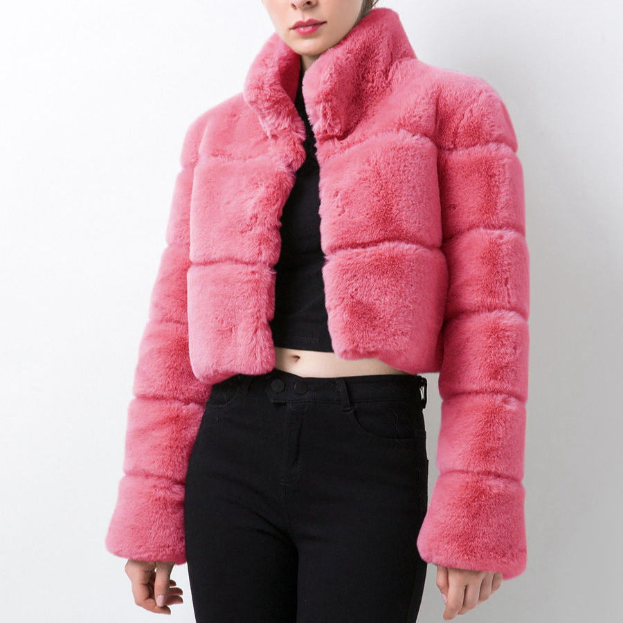 Damen - Modische kurze Jacke - Weicher Kunstpelz - Trendiger Stil für jeden Anlass