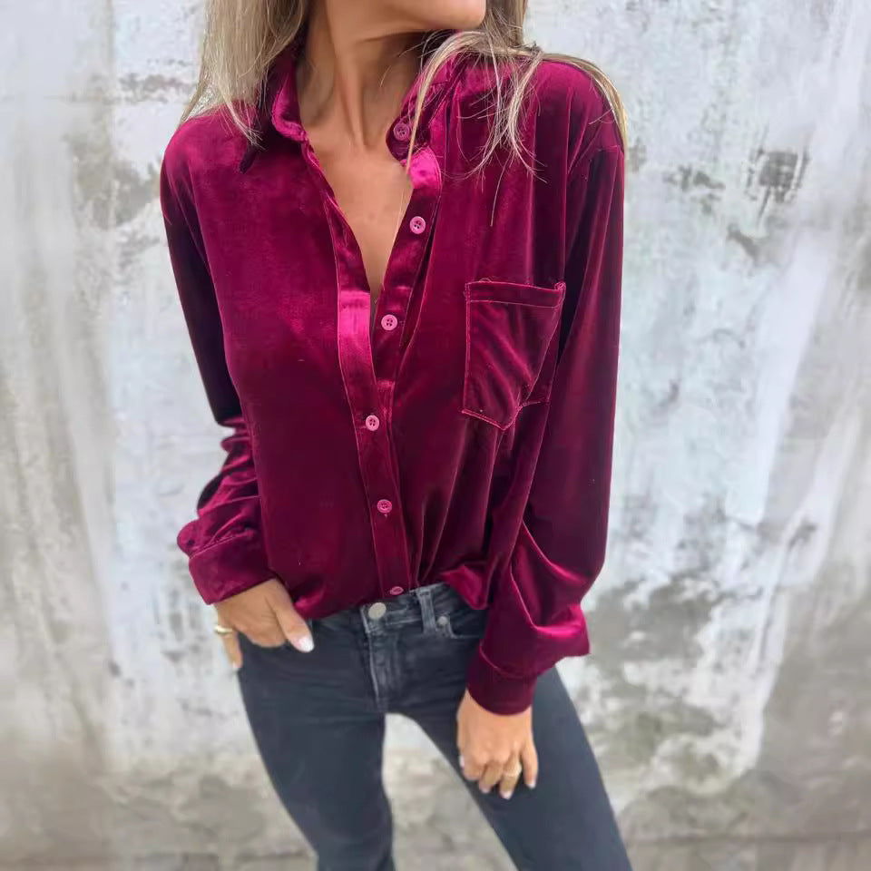 Damen - Elegante Samtbluse - Glänzender Stil - Weiche Bluse für jeden Anlass