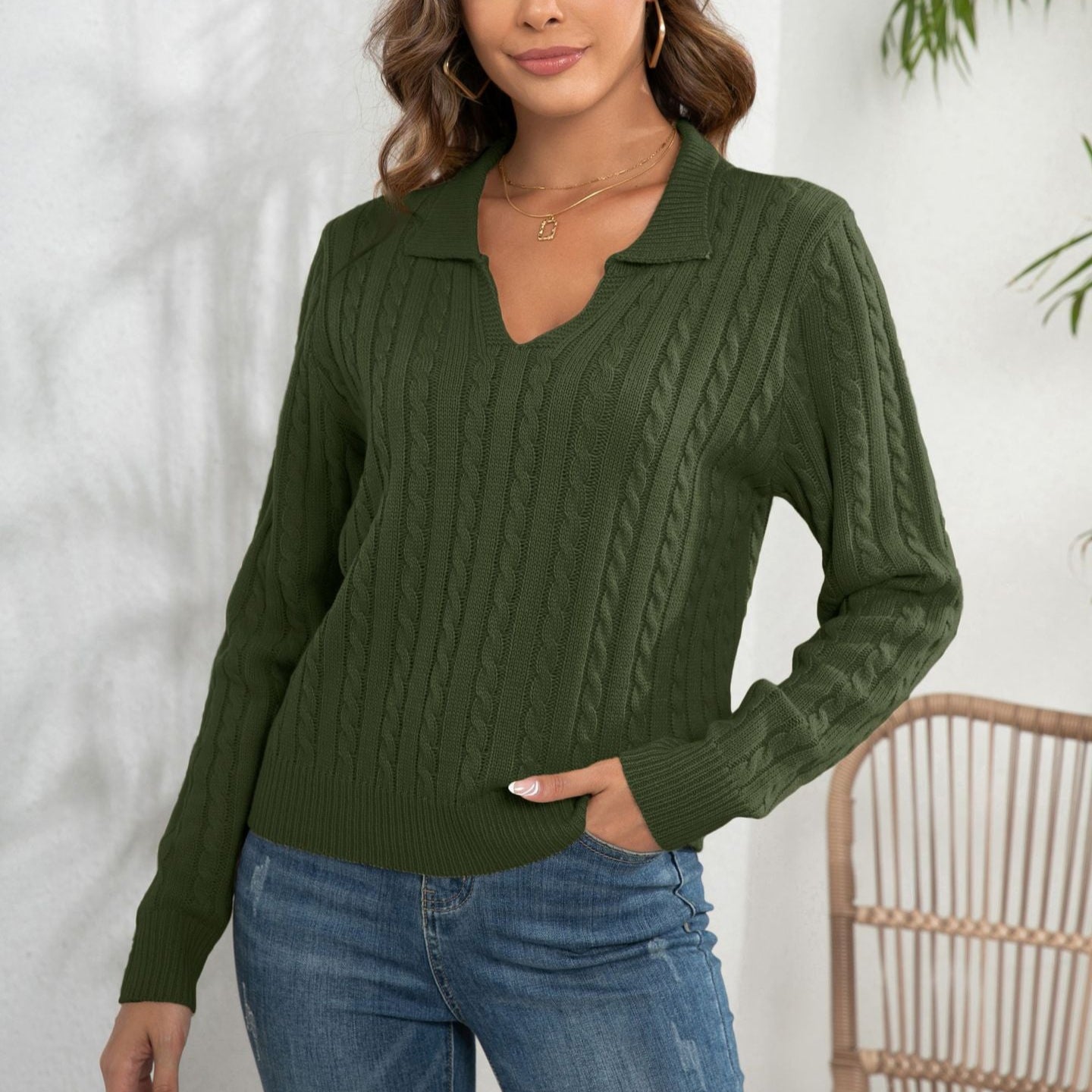 Damen - Pullover mit V-Ausschnitt - Baumwolle - Zopfstrickmuster - Bequeme Mode für jeden Anlass