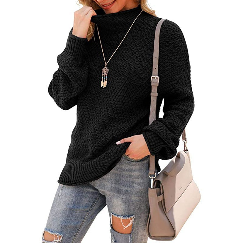 Damen - Bequemer Grobstrick Pullover - Hoher Kragen - Bequeme und Stilvolle Passform