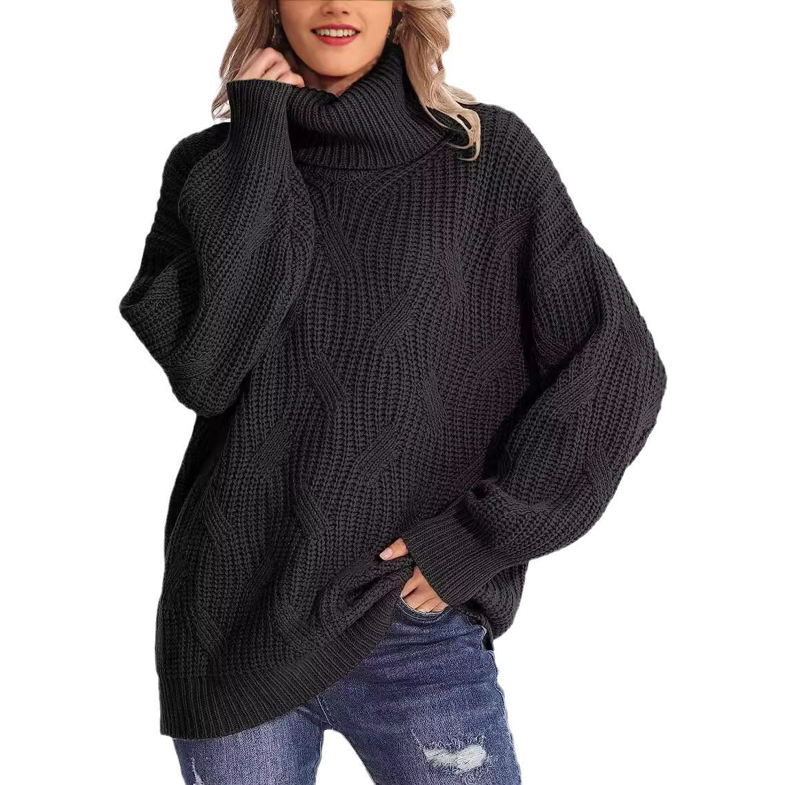 Damen - Strickpullover mit Zopfmuster - Hoher Kragen - Elegantes Design für jeden Anlass