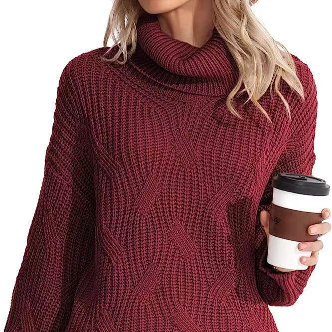 Damen - Strickpullover mit Zopfmuster - Hoher Kragen - Elegantes Design für jeden Anlass