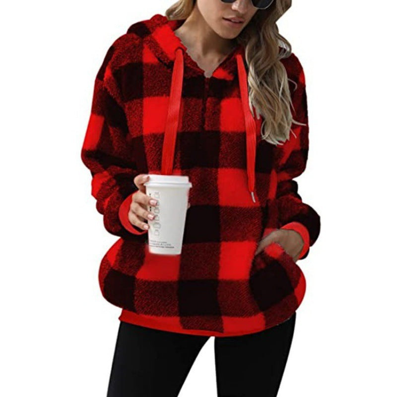 Damen - Karierter Kapuzenpullover - Hoher Kragen - Kuscheliger Stil für kalte Tage