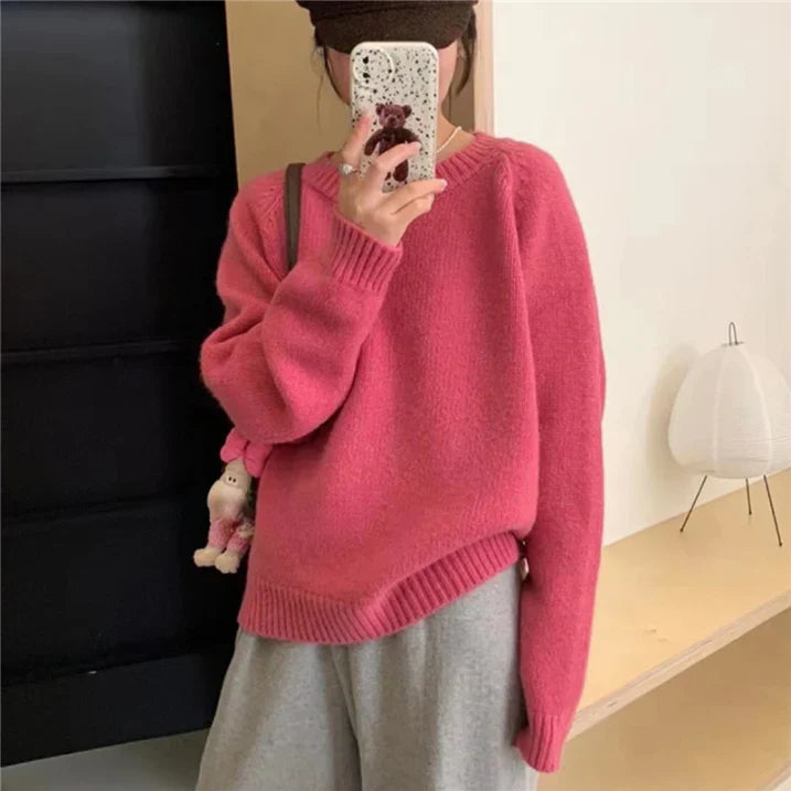 Damen - Gemütlicher übergroßer Strickpullover - Weicher Rundhalsausschnitt - Bequeme Mode für jeden Tag