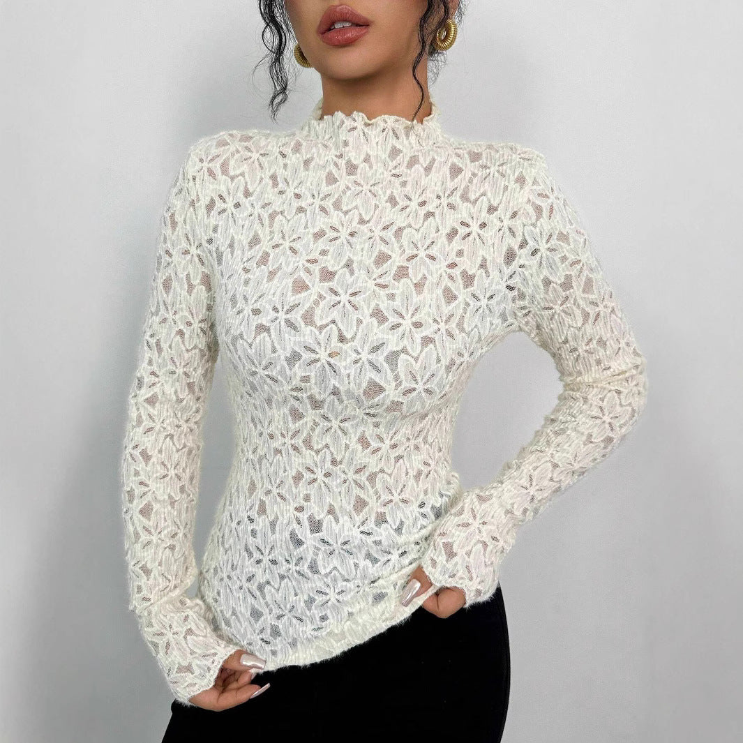 Damen - Transparenter Spitzenbody - Eleganter Hoher Kragen - Stilvolles Oberteil für besondere Anlässe