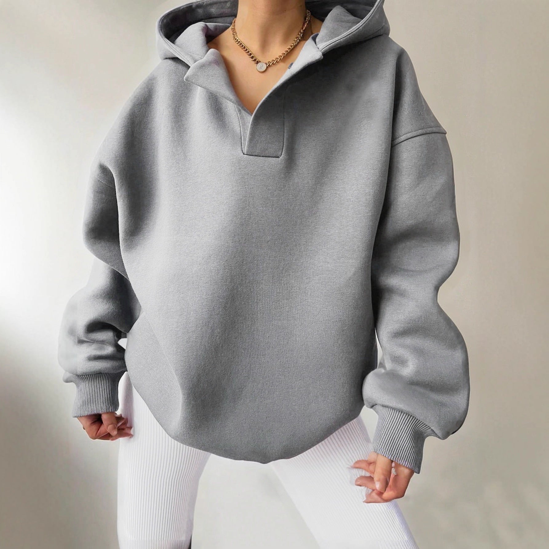 Damen - Übergroßer Kapuzenpulli - V-Ausschnitt - Bequem und Stylisch für jeden Anlass