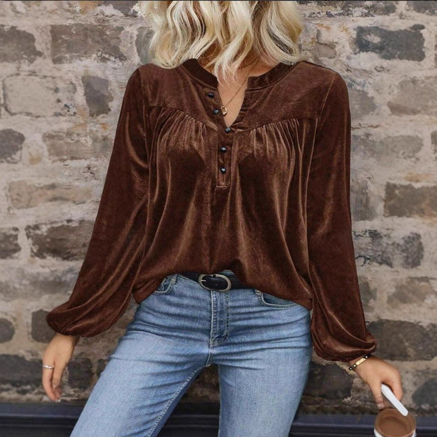 Damen - Langärmeliges Samt-Top - V Ausschnitt - Knöpfen - Elegantes, Bequemes Design für Jeden Anlass