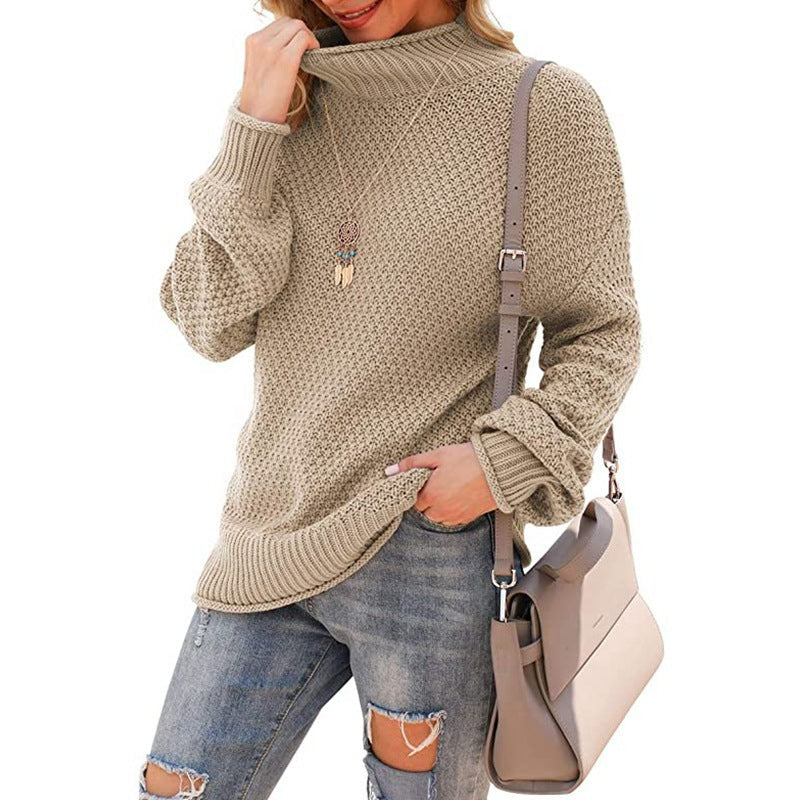 Damen - Bequemer Grobstrick Pullover - Hoher Kragen - Bequeme und Stilvolle Passform