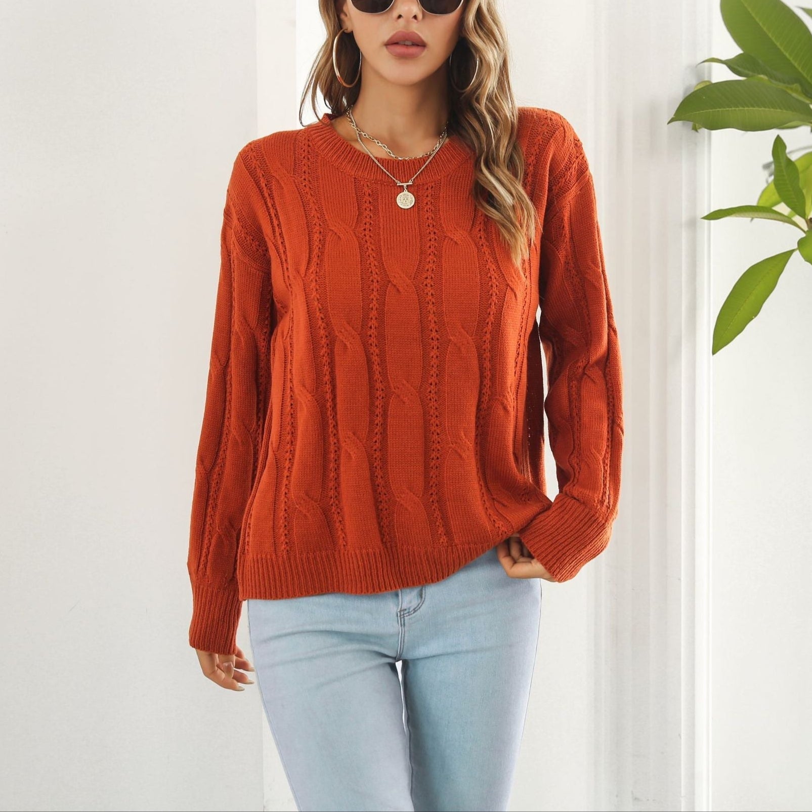 Damen - Strukturierter Strickpullover - Baumwollmischung - Zopfmuster - Bequemer, stilvoller Look für jeden Anlass