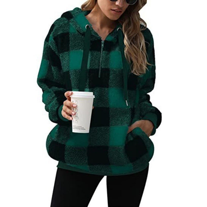Damen - Karierter Kapuzenpullover - Hoher Kragen - Kuscheliger Stil für kalte Tage