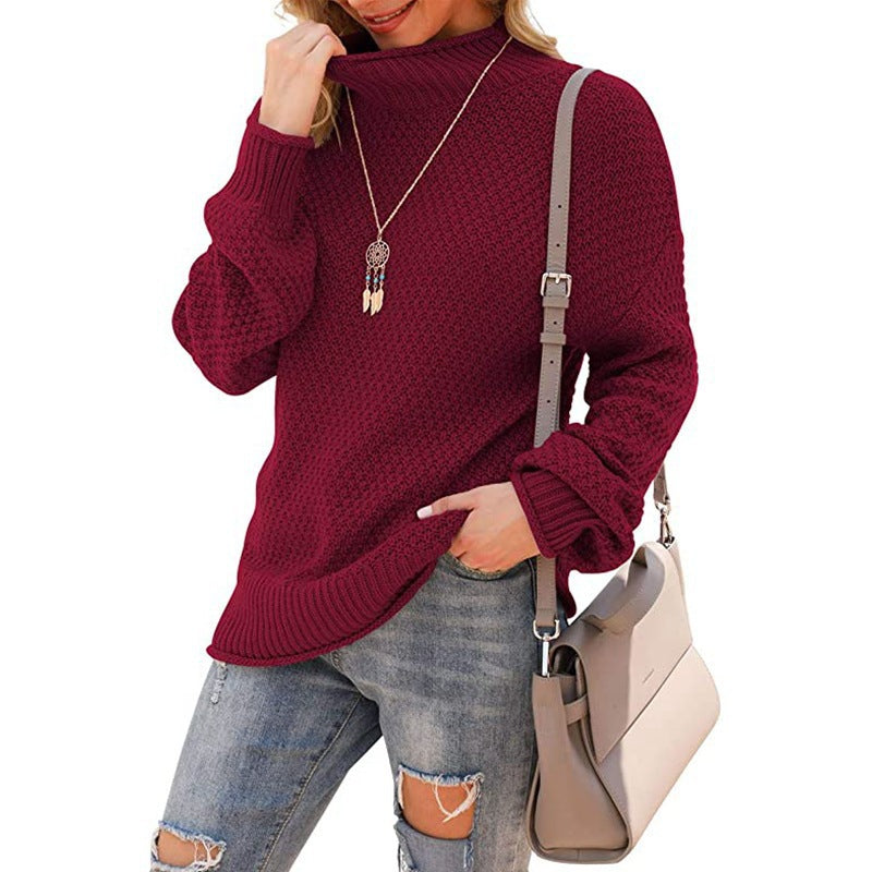 Damen - Bequemer Grobstrick Pullover - Hoher Kragen - Bequeme und Stilvolle Passform