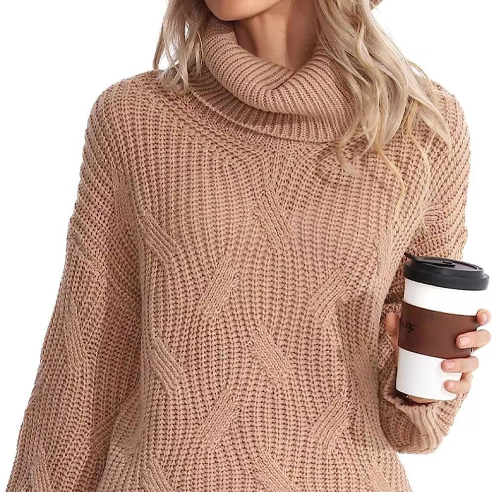 Damen - Strickpullover mit Zopfmuster - Hoher Kragen - Elegantes Design für jeden Anlass