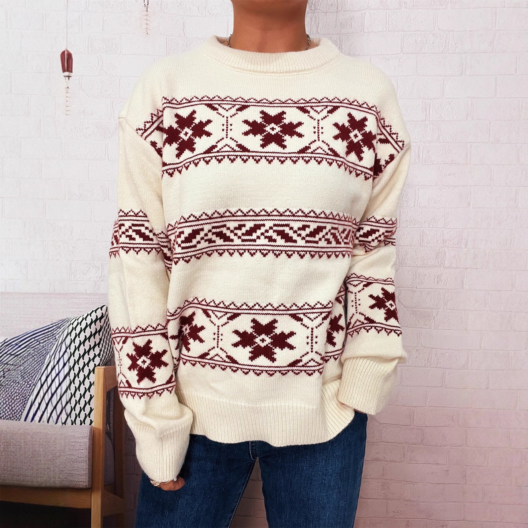 Damen- Winterpullover - Weicher Strick mit Schneemuster - Gemütlicher Stil für kalte Tage