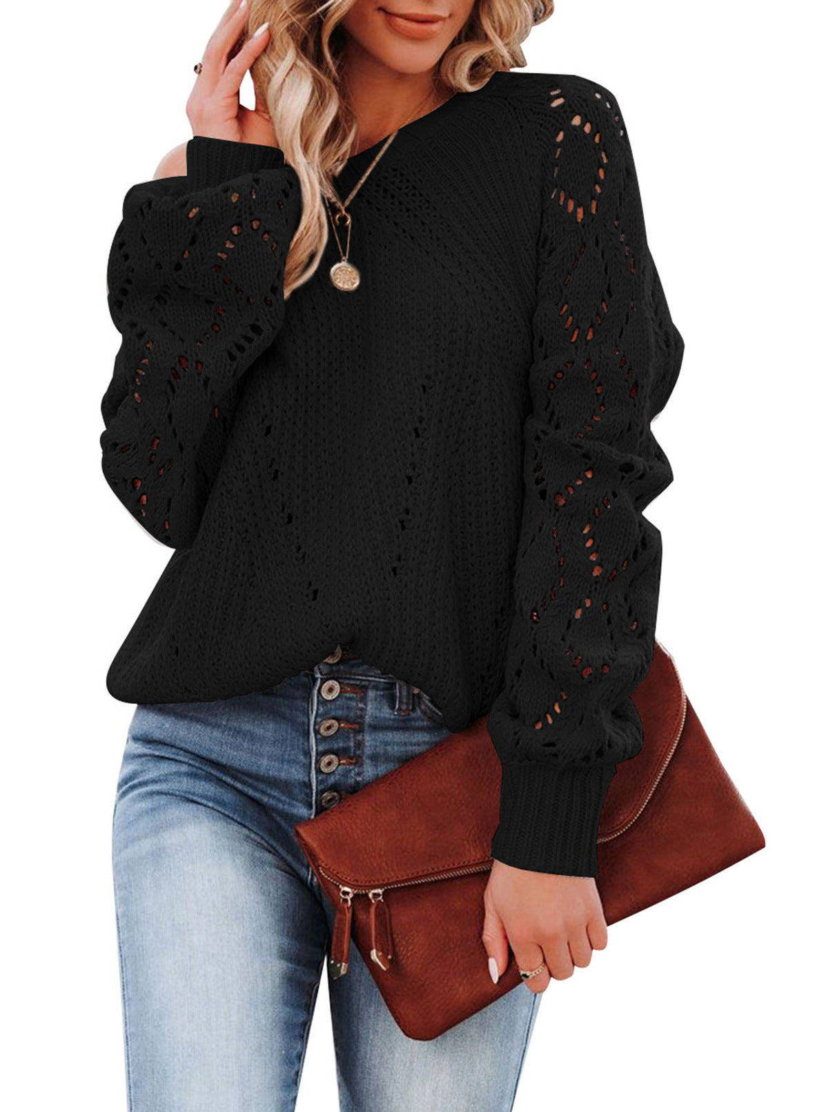 Damen - Strickpullover - Spitzenmuster - Voluminösen Ärmeln - Eleganter Look für jede Gelegenheit