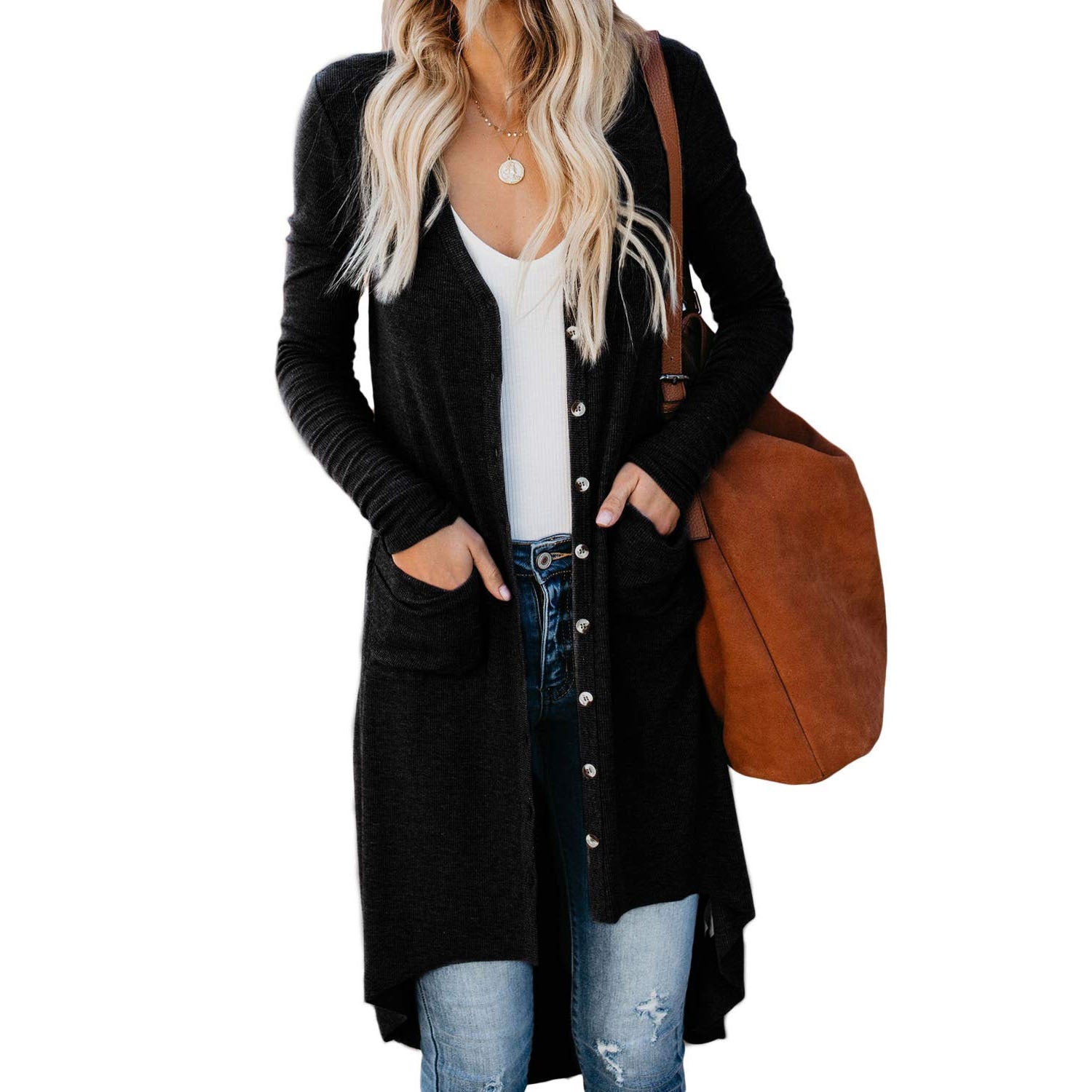 Damen - Lange Strickjacke - Knöpfen und praktischen Taschen - Bequeme und stilvolle Strickmode