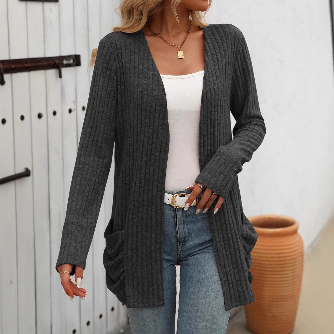 Damen - Elegante Strickjacke - Rippstrick und praktischen Taschen - Stilvoll & Bequem für jeden Anlass