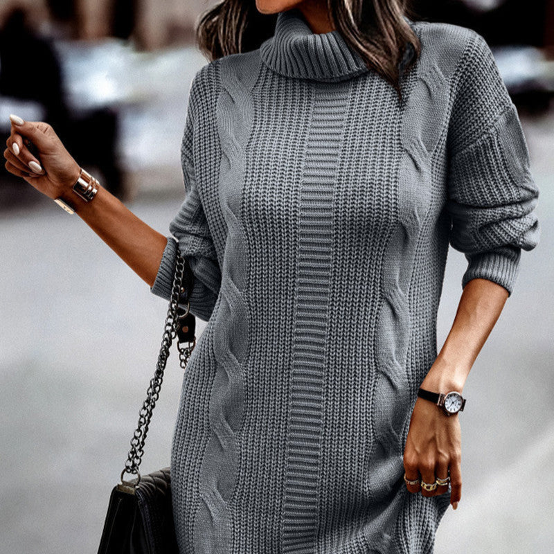 Damen - Schickes Strickkleid - Kordelmuster - Hoher Kragen und Elegantes Design für Stilbewusste