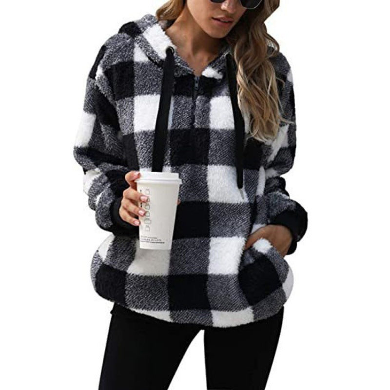 Damen - Karierter Kapuzenpullover - Hoher Kragen - Kuscheliger Stil für kalte Tage