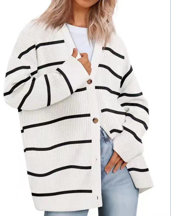 Damen - Gestreifte Strickjacke mit Knopfleiste - Weichem Strickstoff - Gemütlicher Stil für jeden Anlass