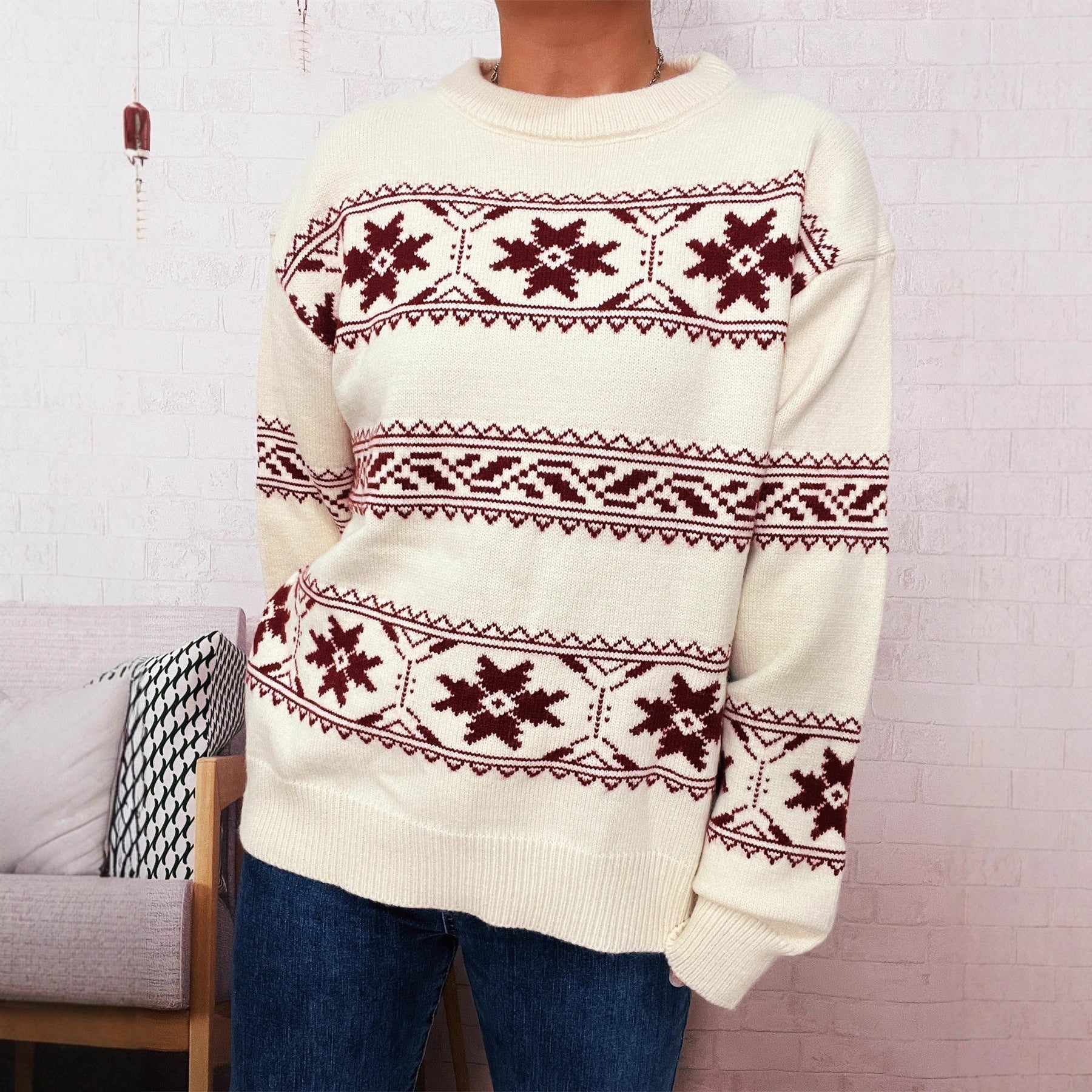 Damen- Winterpullover - Weicher Strick mit Schneemuster - Gemütlicher Stil für kalte Tage
