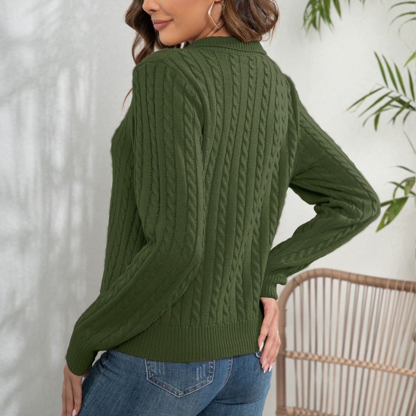 Damen - Pullover mit V-Ausschnitt - Baumwolle - Zopfstrickmuster - Bequeme Mode für jeden Anlass