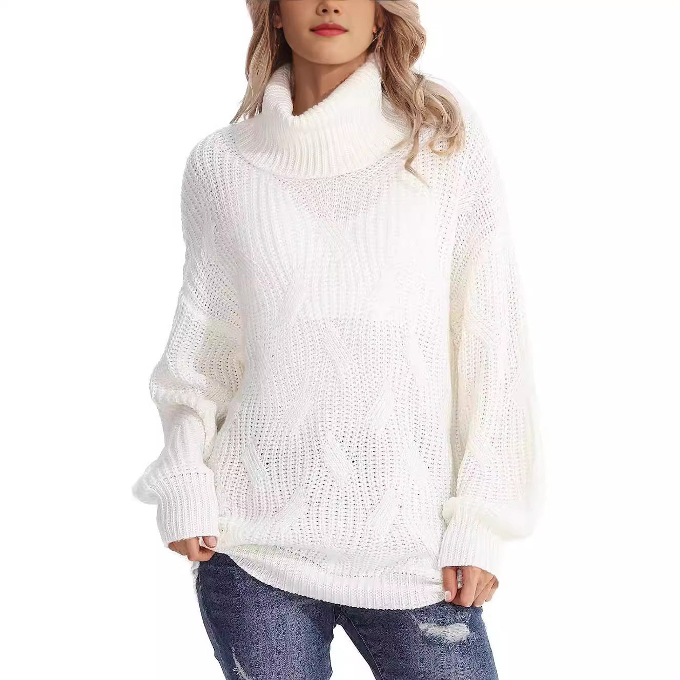 Damen - Strickpullover mit Zopfmuster - Hoher Kragen - Elegantes Design für jeden Anlass