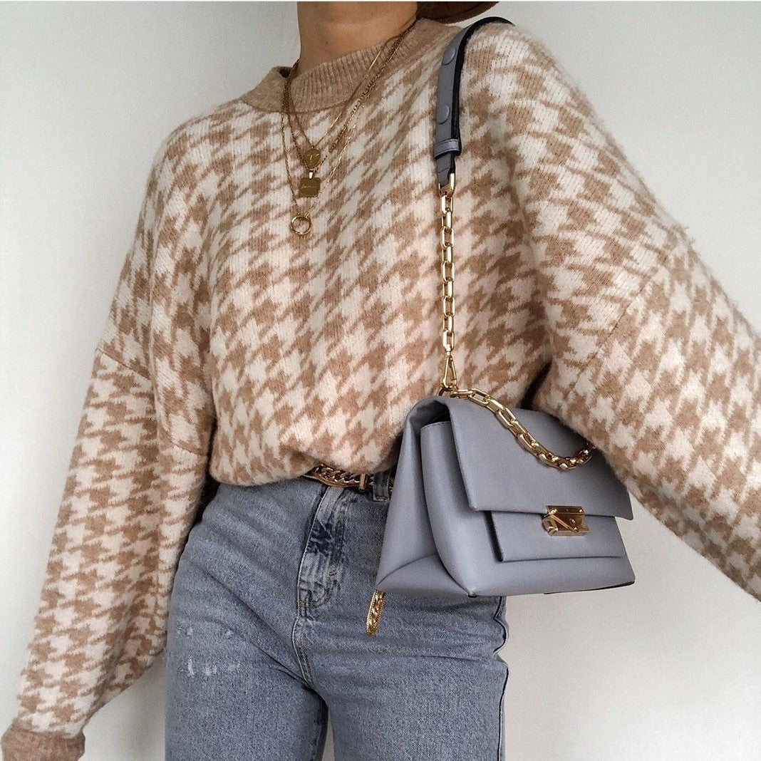 Damen - Freizeit Pullover - Karomuster Strickwaren - Bequeme Mode für Alltag und Freizeit