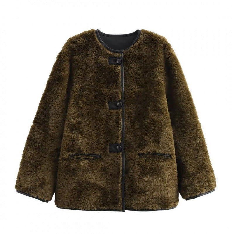 Damen - Teddy Jacke - Kontrast Taschen - Weicher Stoff - Trendiger Look für kalte Tage