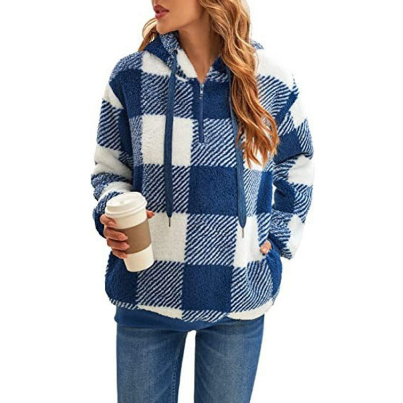 Damen - Karierter Kapuzenpullover - Hoher Kragen - Kuscheliger Stil für kalte Tage