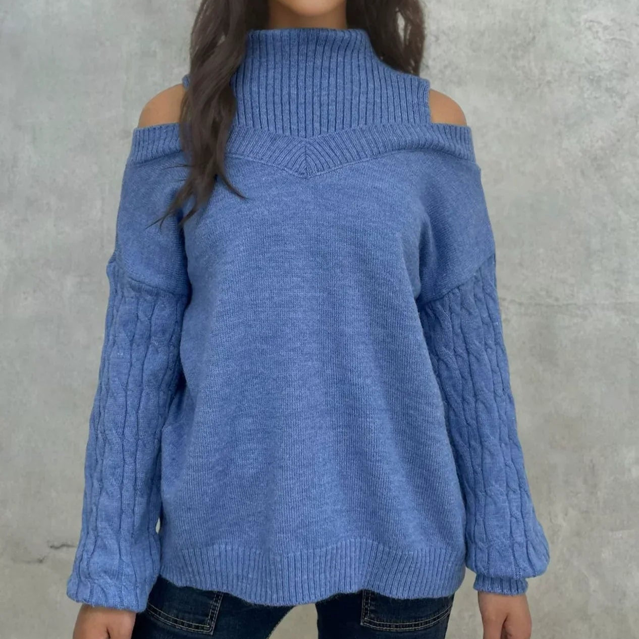 Damen - Schulterfreier Zopfstrick Pullover - Lockere Passform - Bequem und Stylisch für jeden Anlass