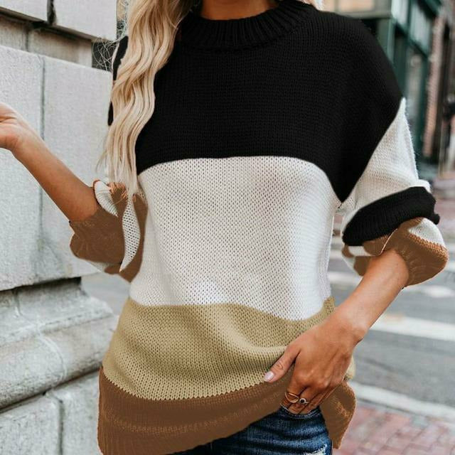 Damen - Gestreifter Strickpullover - Doppelt gestrickter Stil - Modischer Komfort für jede Gelegenheit