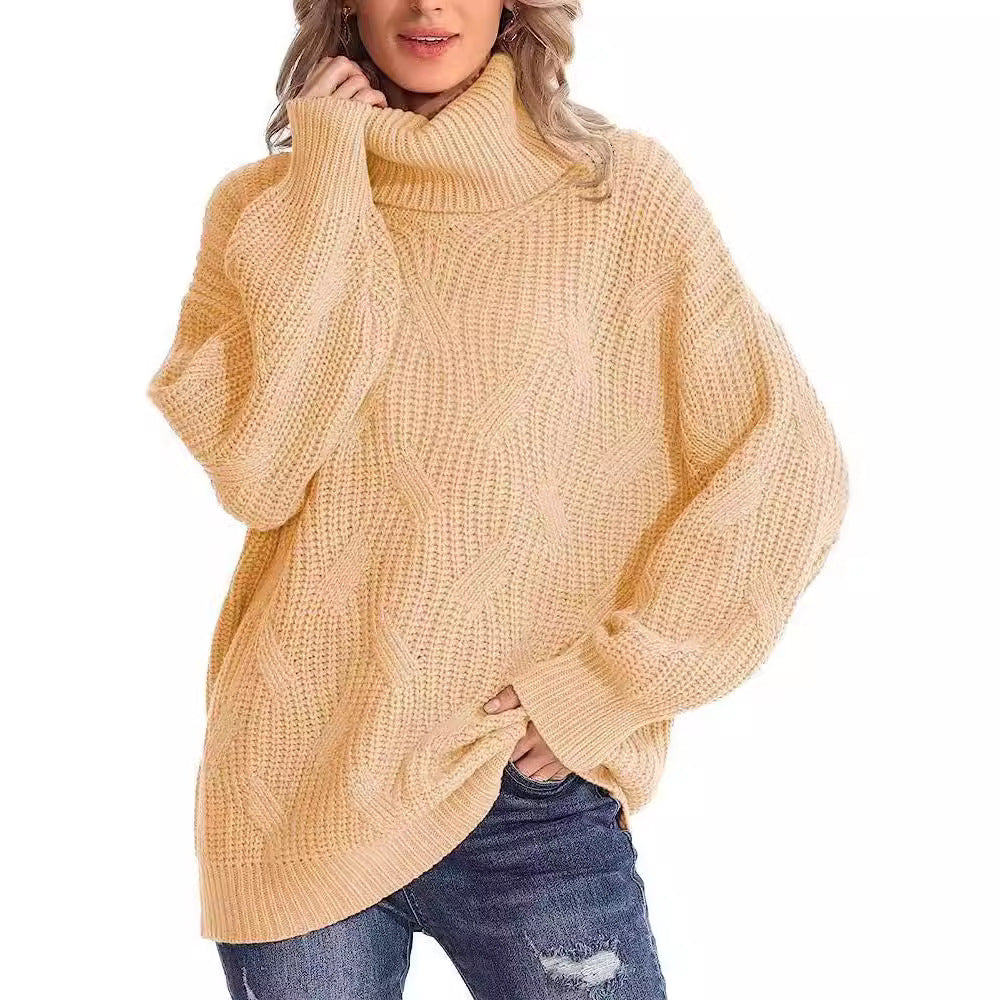 Damen - Strickpullover mit Zopfmuster - Hoher Kragen - Elegantes Design für jeden Anlass