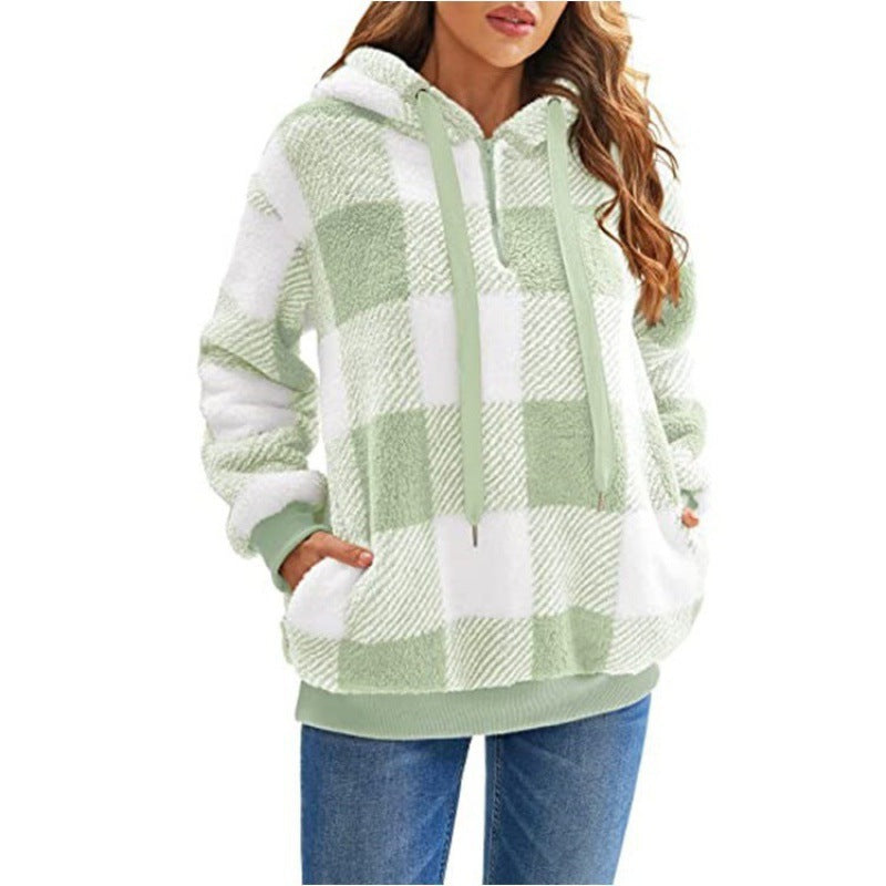 Damen - Karierter Kapuzenpullover - Hoher Kragen - Kuscheliger Stil für kalte Tage
