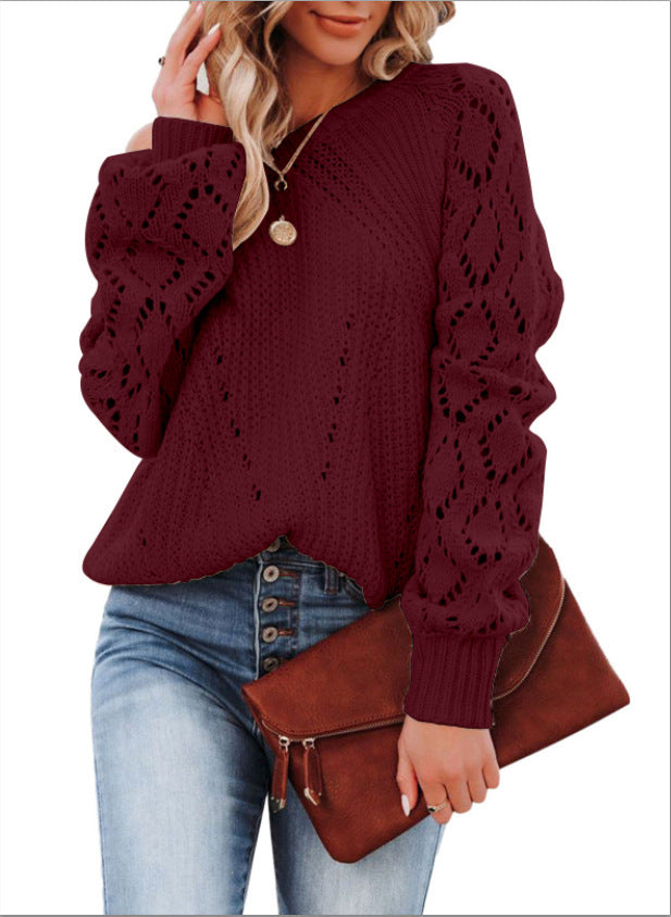 Damen - Strickpullover - Spitzenmuster - Voluminösen Ärmeln - Eleganter Look für jede Gelegenheit