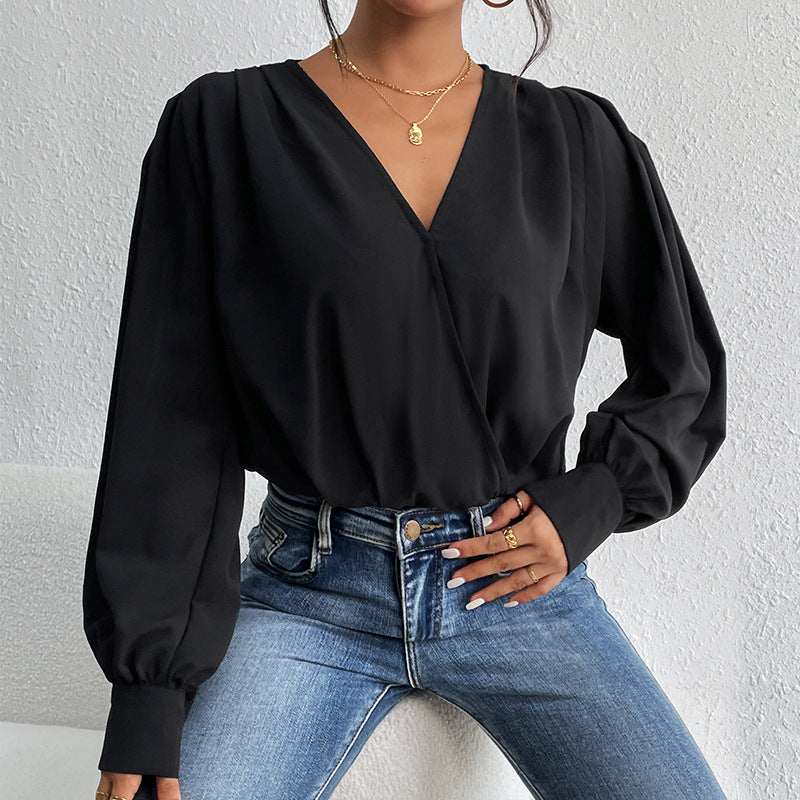 Damen - Elegante bluse - V-Ausschnitt - Voluminösen Ärmeln - Stilvoll und Bequem für Jeden Anlass