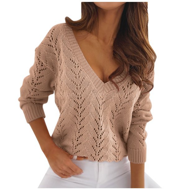 Damen - Strickpullover - V-Ausschnitt - Gehäkelt - Gemütlicher Stil für jeden Anlass