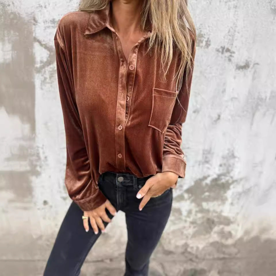 Damen - Elegante Samtbluse - Glänzender Stil - Weiche Bluse für jeden Anlass