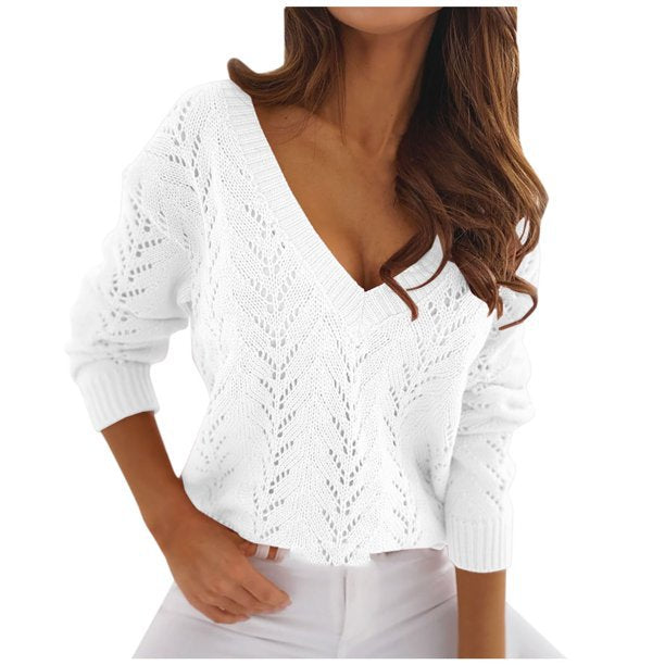 Damen - Strickpullover - V-Ausschnitt - Gehäkelt - Gemütlicher Stil für jeden Anlass