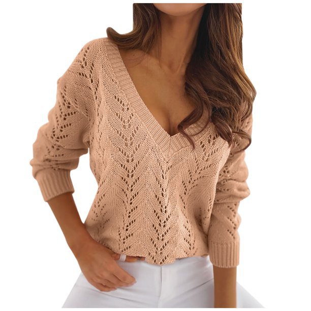 Damen - Strickpullover - V-Ausschnitt - Gehäkelt - Gemütlicher Stil für jeden Anlass
