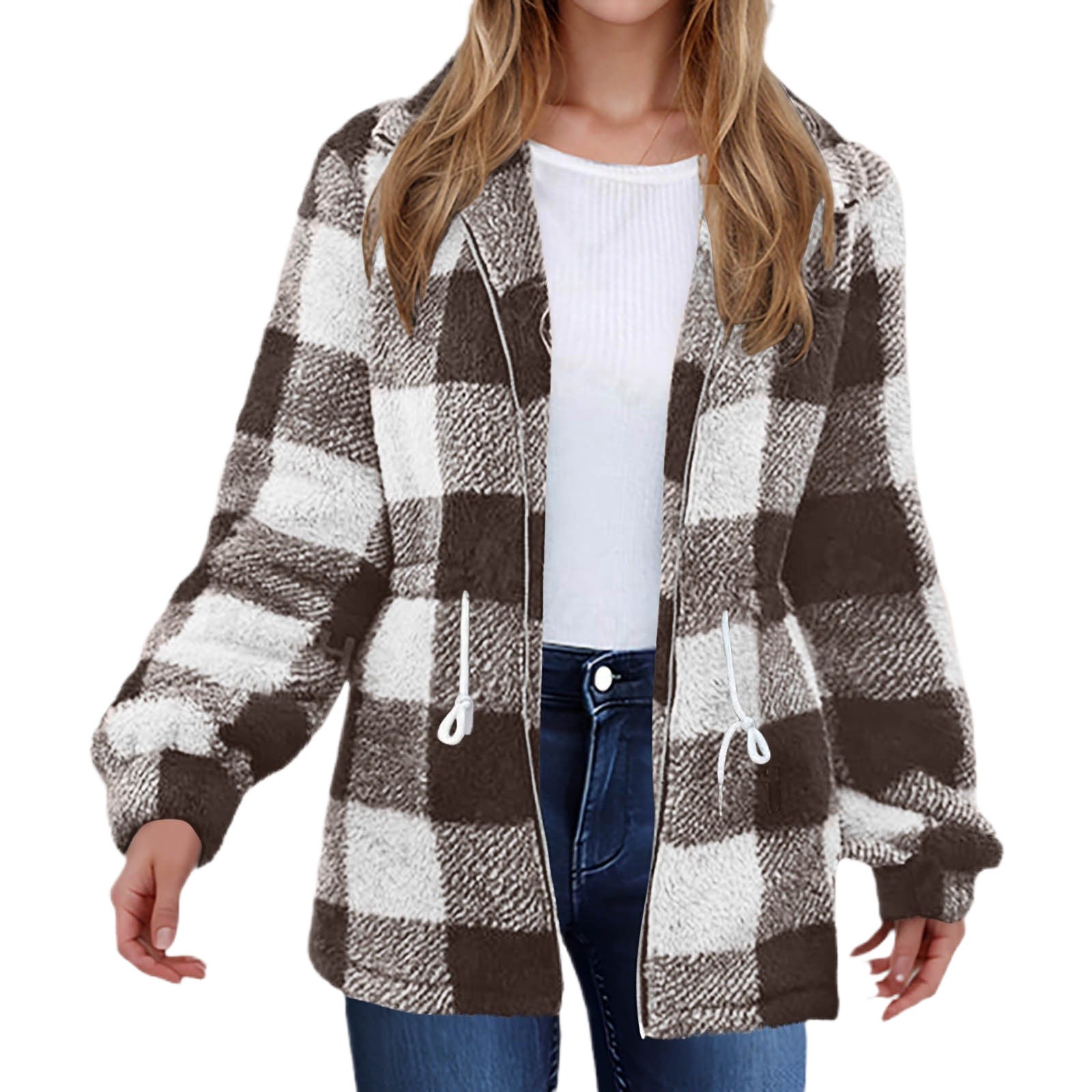 Damen - Karierte Plüschjacke - Reißverschluss - Modische Jacke für kalte Tage
