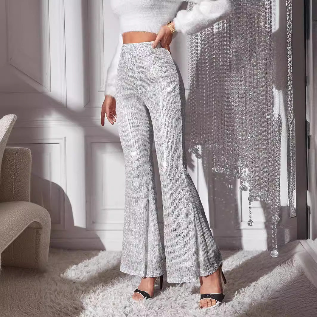 Damen - Elegante hochtaillierte Hose - Glitzerdetails - Stilvoll und modern mit hohem Bund