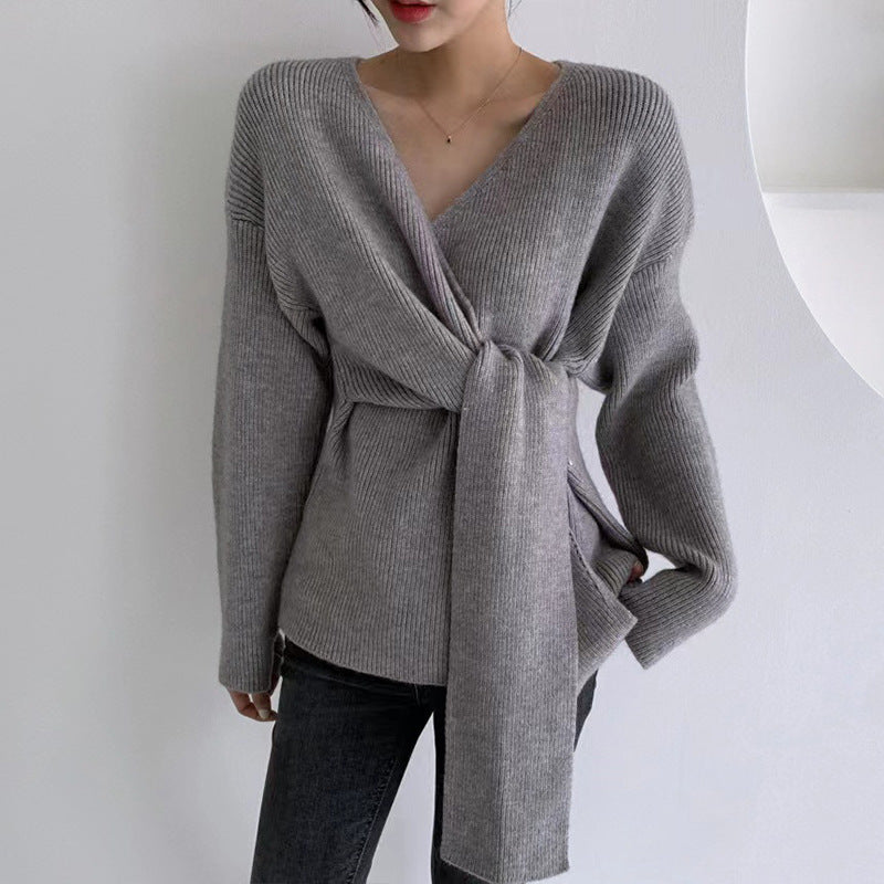 Damen - Lässiger Wickel Pullover - Trendy Krawattenbändchen - Bequemer und Stilvoller Look für Jeden Tag